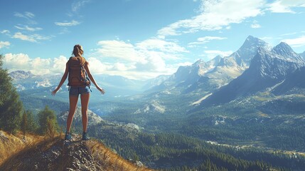 Naklejka premium A rear view of a young woman wearing a hiking backpack, standing triumphantly on the peak of a hill with her arms outstretched