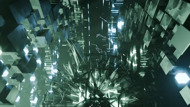 A geometric luminous sphere surrounded by platforms and lights in an abstract technological environment. Video loop seamless synchronized at 120 bmp