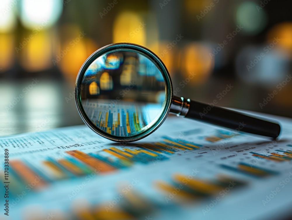 Poster a magnifying glass focuses on financial reports with graphs and data analysis adapting audit framewo