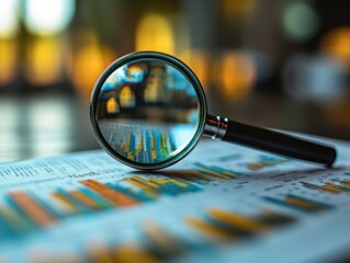 A magnifying glass focuses on financial reports with graphs and data analysis Adapting audit frameworks for regulatory compliance
