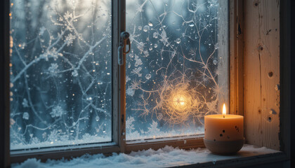 Candle glowing beside a frosty window in a cozy setting.