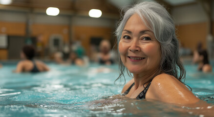 Obraz premium A senior woman with gray hair swims in the pool at an indoor gym, surrounded by other people engaging in various sports and fitness activities. The atmosphere is lively yet calm as
