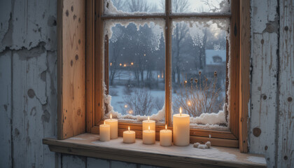 Cozy winter scene with candles by a frosty window.