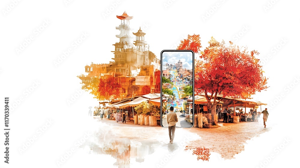Poster tech for local experiences, modern urban design with double exposure technique