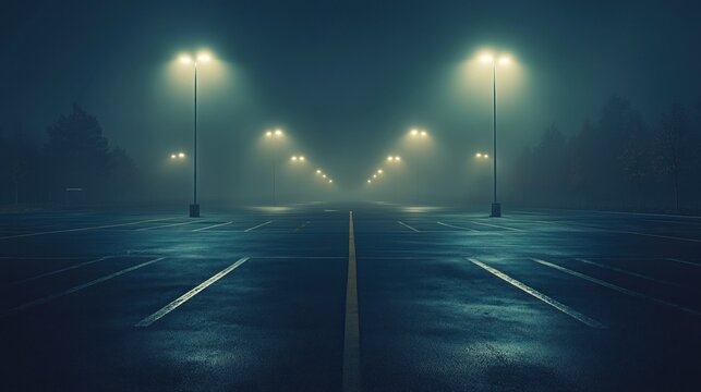 Empty Parking Lot at Night, Foggy Atmosphere, Mysterious and Serene - Powered by Adobe