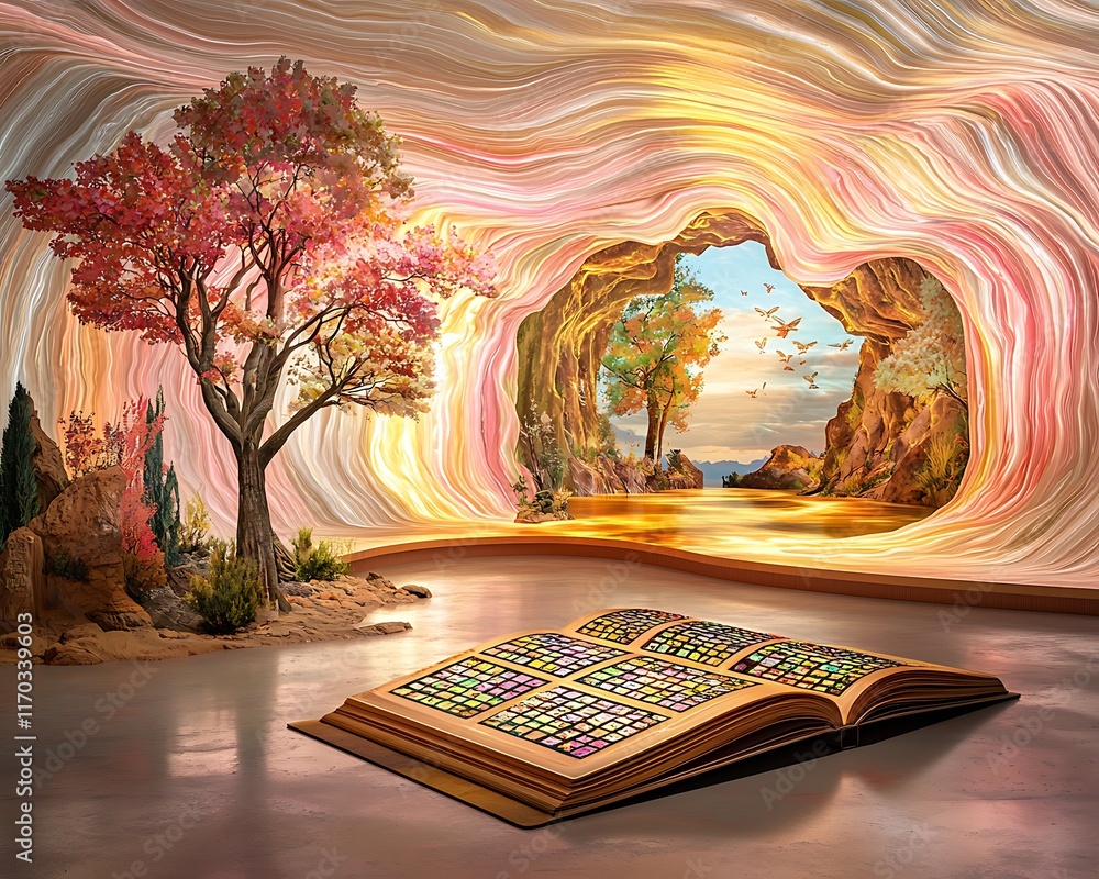 Poster tech for local experiences, surreal landscape with colorful book and nature elements