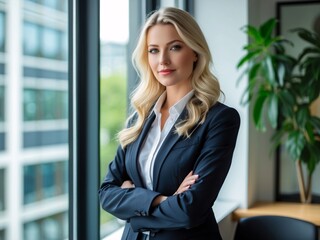 A professional young businesswoman stands confidently by the window, exuding professionalism and thoughtfulness