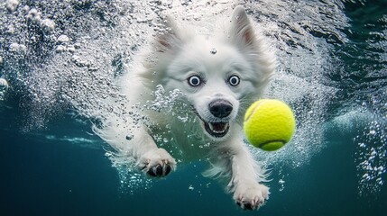 Samoyed swimming underwater, eyes wide, chasing a yellow tennis ball, with dynamic bubbles.