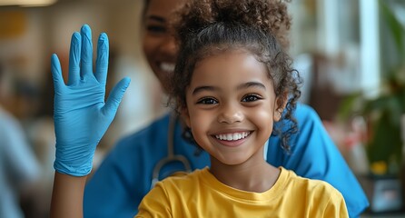 A smiling child waves while a healthcare worker stands behind her.