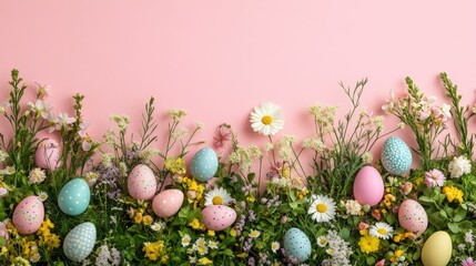 Easter eggs and spring flowers on pink background. Happy Easter holiday concept. Top view flat lay