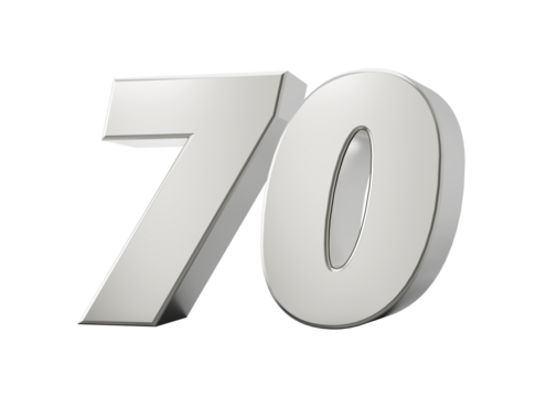 Silver 3d numbers 70 Seventy. Isolated white background 3d illustration
