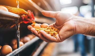 Farmer feeding hen, eggs, poultry farm, sunrise