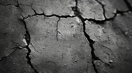 Close-up of cracked earth, a stark representation of drought and dryness. The monochrome palette emphasizes the texture and patterns of the parched land.