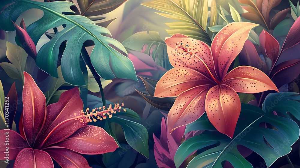 Wall mural Lush Tropical Flowers and Leaves in Vibrant Hues