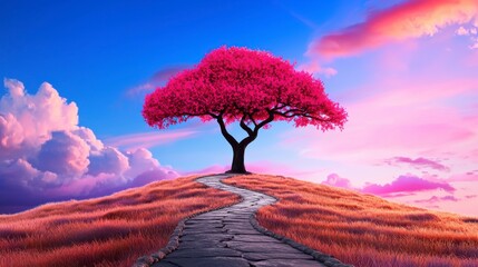 Vibrant Pink Tree on Hill Under Dramatic Sunset Sky Background