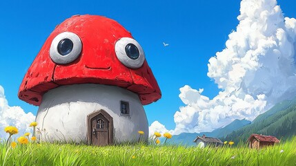 Whimsical Mushroom House Surrounded by Bright Green Landscape