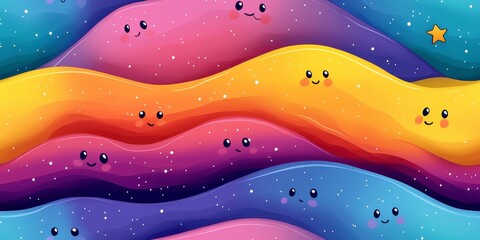 Vibrant Abstract Waves with Cute Character Faces and Stars
