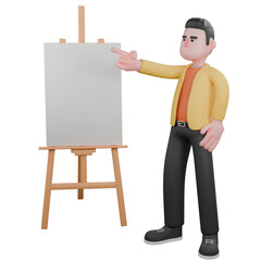 Full Designer Workflow Characters 3D Model. A male set designer stands with his right hand pointing at the painting in front of him. Cartoon Style