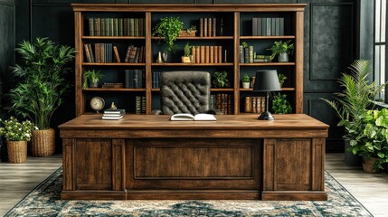 Fototapeta premium Elegant office setup with wooden desk and bookshelves.