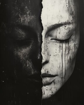 The duality of life in war  a face divided between hope and despair, light and darkness