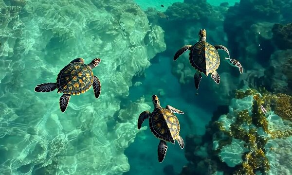 Three sea turtles gracefully swimming in crystal-clear turquoise waters.