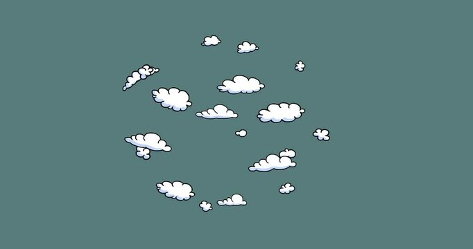 Front side cartoon clouds moving around isolated. Seamless loop preset to put something inside to be surrounded by clouds of different size. Smart background good for any project.