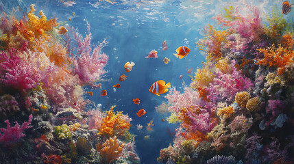 Fototapeta premium vibrant coral reef teeming with colorful marine life and fish