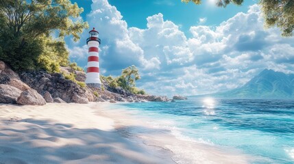 A classic red-and-white striped lighthouse on a tranquil coast, with crystal clear waters gently lapping at the shore and a bright blue sky overhead.