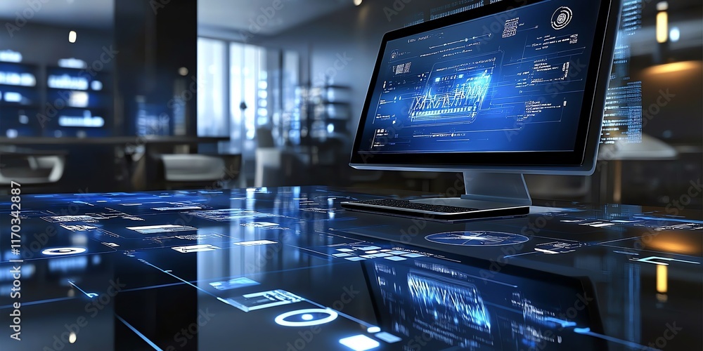 Poster futuristic desktop: data visualization on a sleek, interactive table
