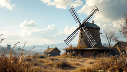 Serene Rustic Windmill Landscape: A Picturesque Autumn Day in the Countryside