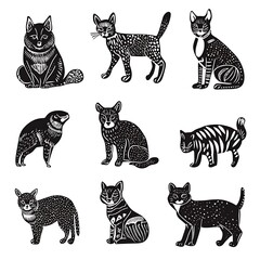 Nine black and white stylized cats.