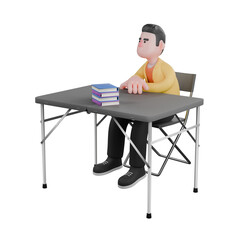Designer Skills Set Characters 3D Model. A male set designer sits with his hands resting on a table, with an expression of listening to people talking. Cartoon Style