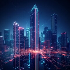 Fototapeta premium Futuristic cityscape, neonlit skyscrapers, cyberpunk ambiance, 3D illustration