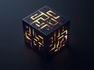 Obraz premium Geometric cube logo, intricate patterns, glowing accents, 3D icon style