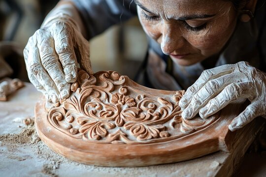Artisan meticulously crafts terracotta carving in workshop