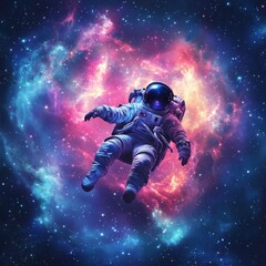 Astronaut floats in vibrant nebula.