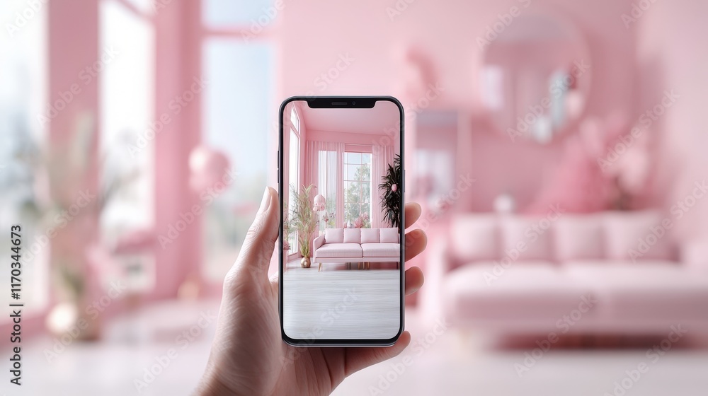 Poster a person using a smartphone to simulate furniture arrangements in a virtual room.