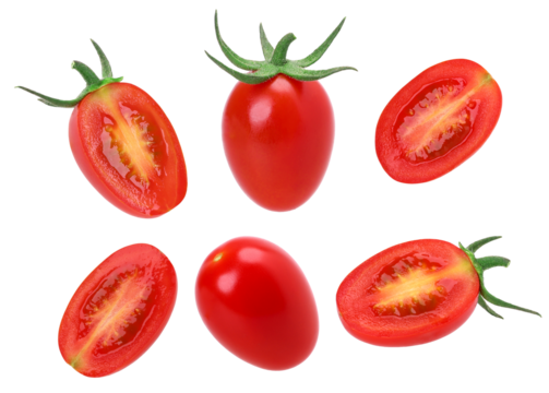 Cherry tomatoes and halved isolated, transparent PNG, collection, PNG format, cut out