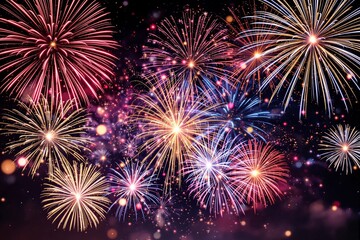 Fototapeta premium Colorful fireworks bursts in vibrant hues illuminate a dark backdrop, creating a festive and celebratory atmosphere. Ai generative
