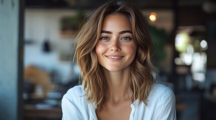 Close-up portrait of a smiling young woman with shoulder-length brown hair.