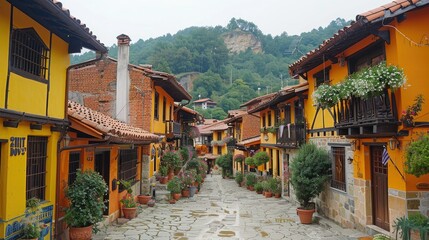 Obraz premium Cobblestone street in a picturesque village with colorful houses, flowers, and lush greenery.