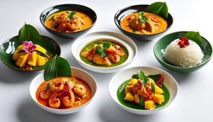 Four Exquisite Thai Dishes Featuring Shrimp and Coconut Milk with Rice and Mango Delight