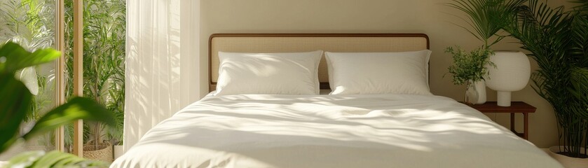 Obraz premium A bright, minimalist bedroom featuring a cozy bed with white linens, surrounded by natural light and indoor plants for a serene atmosphere.