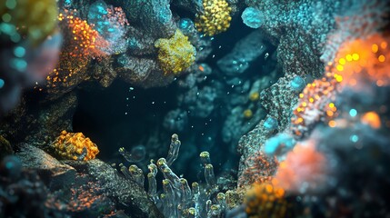 Underwater cavern, glowing crystals, bioluminescent creatures, 3D illustration