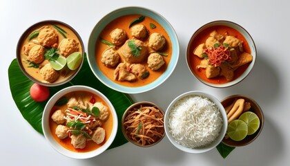 Four Visually Stunning Thai Dishes with Rice and Noodles Perfectly Arranged on a White Background
