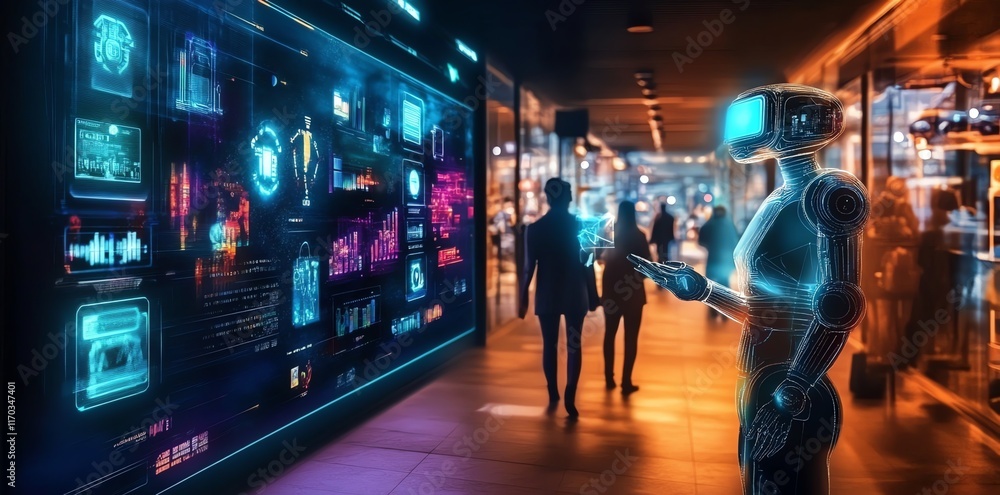 Poster futuristic robot interacting with vibrant digital display in neon-lit corridor