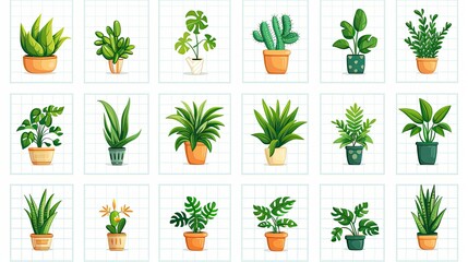 Collection of potted houseplants, various types and sizes, illustrated in cartoon style.