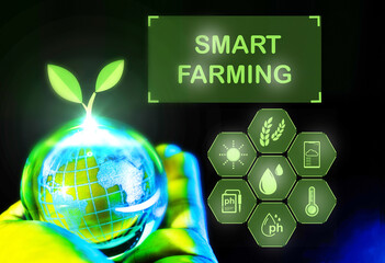 Crystal Global ball holographically displaying innovative agricultural tools and technology; futuristic smart farming solutions revolutionizing IoT-driven farming and advanced monitoring techniques.