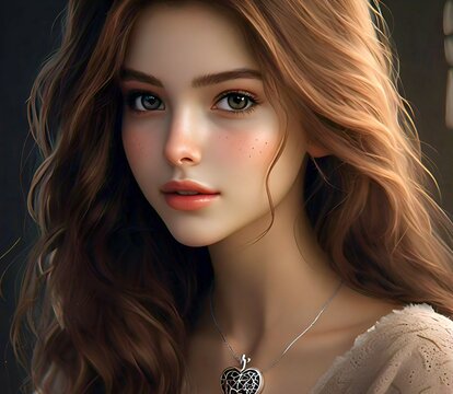 A digital portrait of a young woman with wavy brown hair, hazel eyes, freckles, and a glowing complexion. She wears a heart-shaped pendant necklace with intricate details, set against a soft.