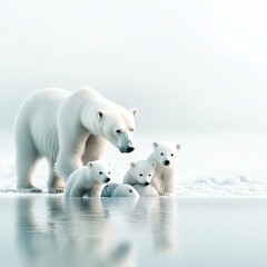 Fototapeta premium A polar bear teaching her cubs to hunt seals.